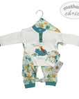 Baby outfit set with long-sleeve shirt, pants, and hat on a hanger with 'mother's choice' branding.
