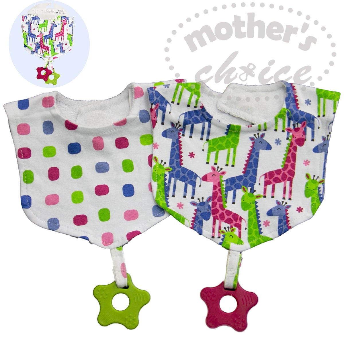 Two baby bibs with colorful patterns and teether attachments on a white background.