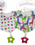 Two baby bibs with colorful patterns and teether attachments on a white background.