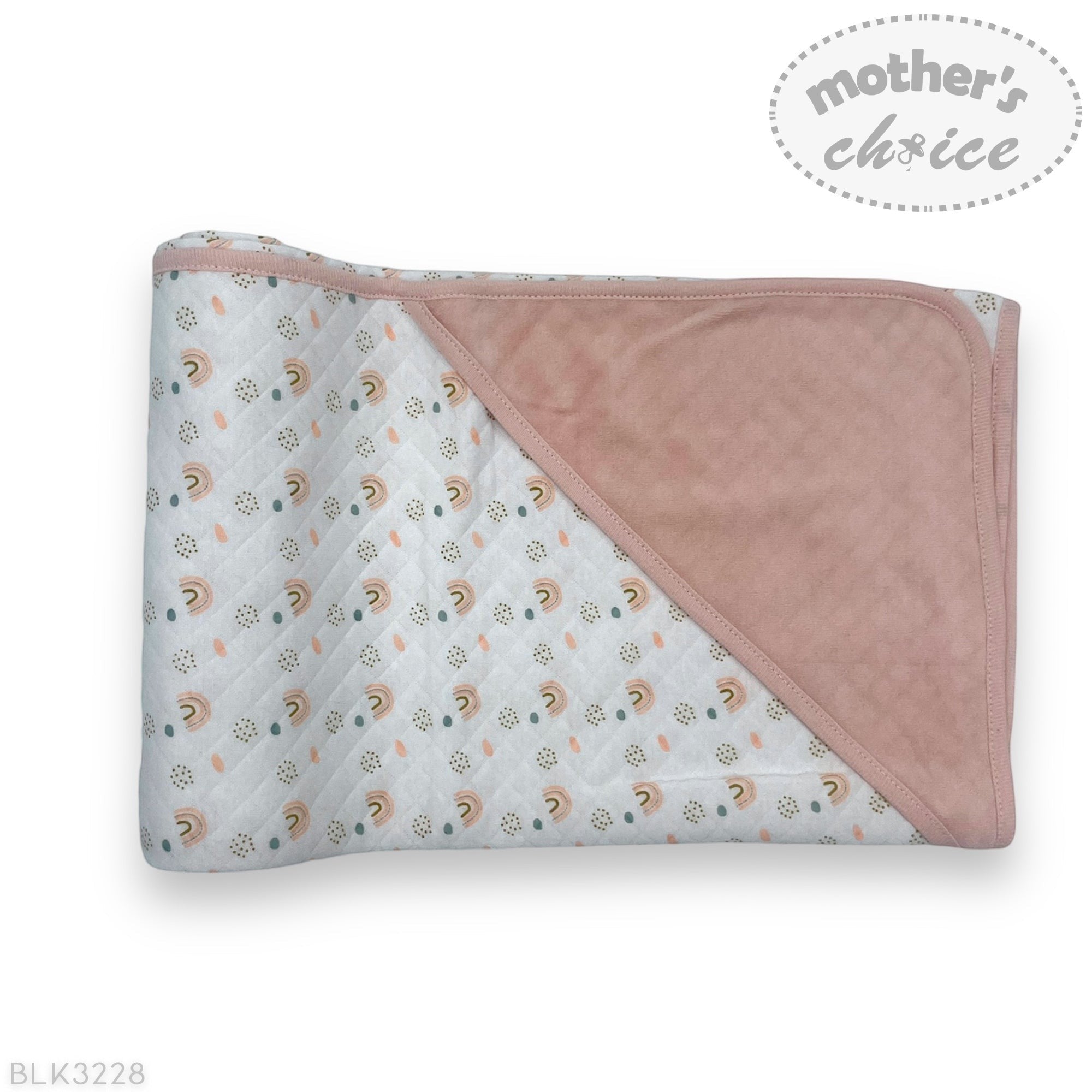 Baby blanket with pink and patterned sides on a white background, featuring 'Mother's Choice' branding.