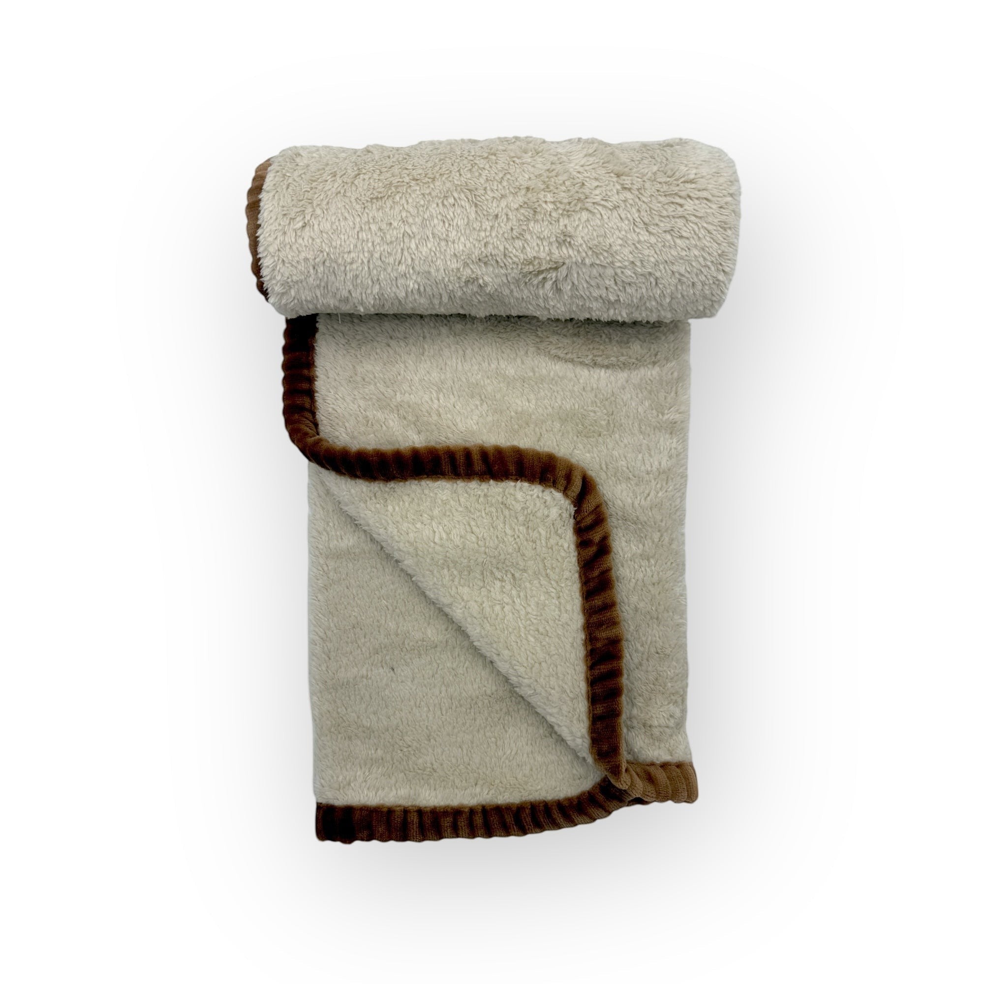 Folded blanket with brown trim on a white background