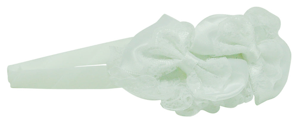 Mothers Choice Girls Alice Band White Satin/Lace Bows