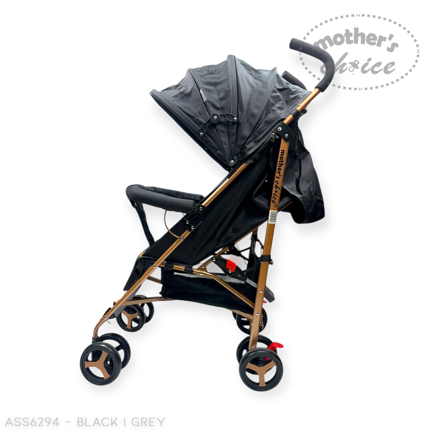 Black and grey stroller with canopy on a white background