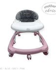 Baby walker with pink base and gray seat on a white background, featuring 'Mother's Choice' branding.