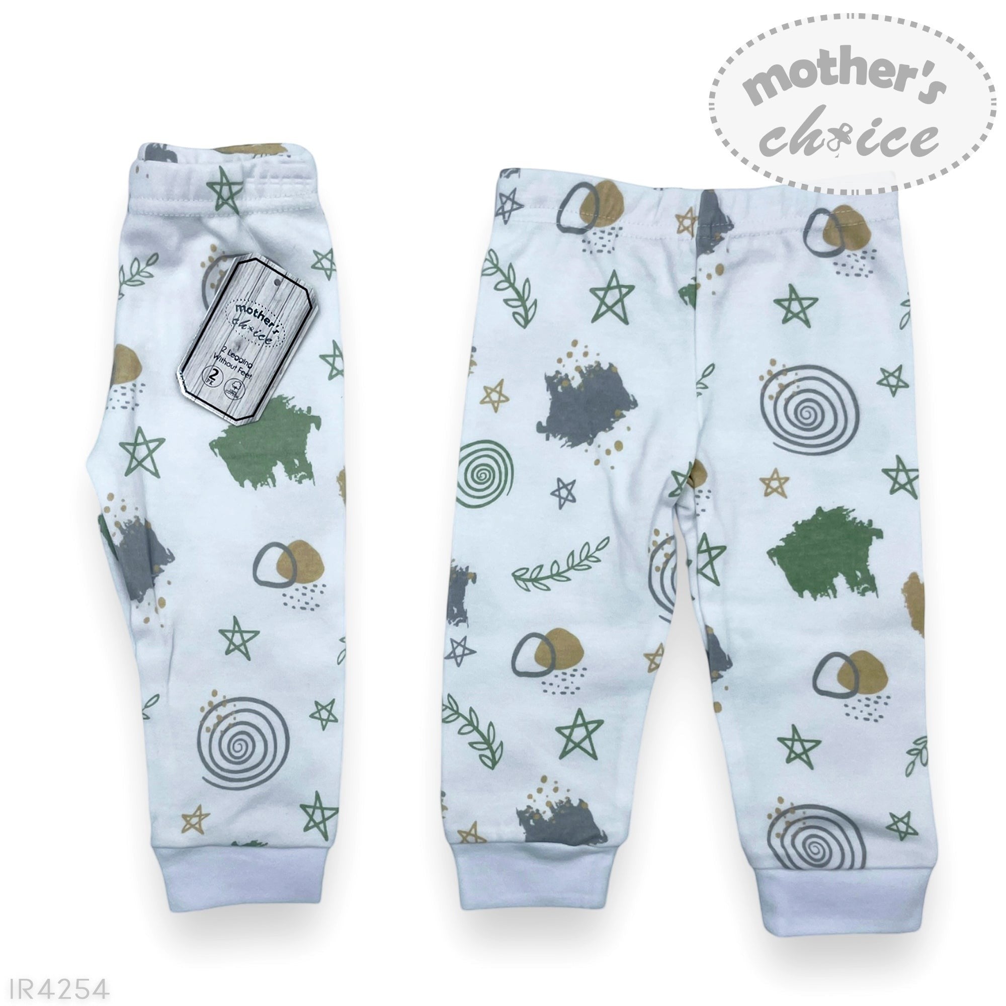 Baby leggings with nature-themed print on a white background, featuring 'mother's choice' branding.