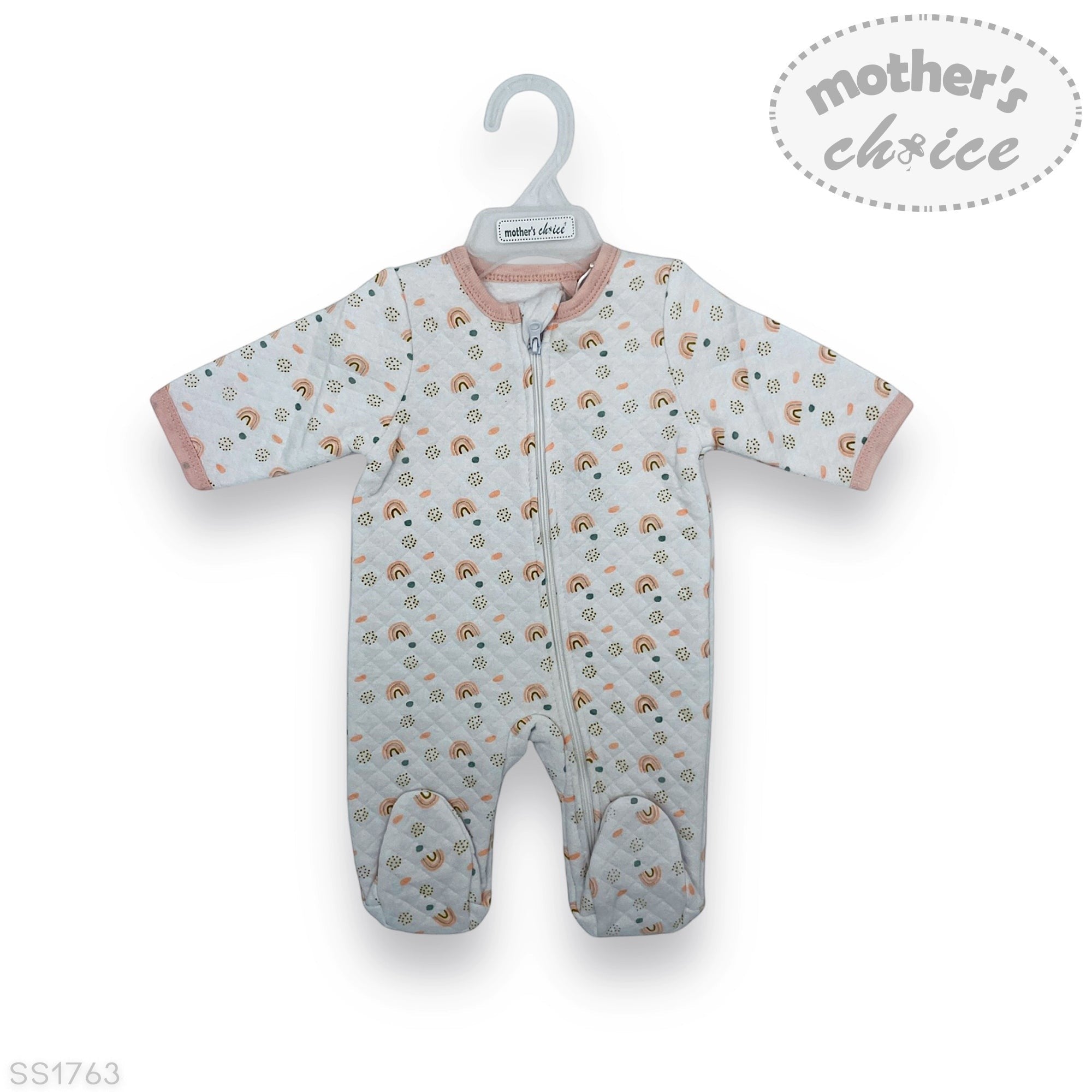 Baby onesie with rainbow pattern on a hanger against a white background, branded 'Mother's Choice'.