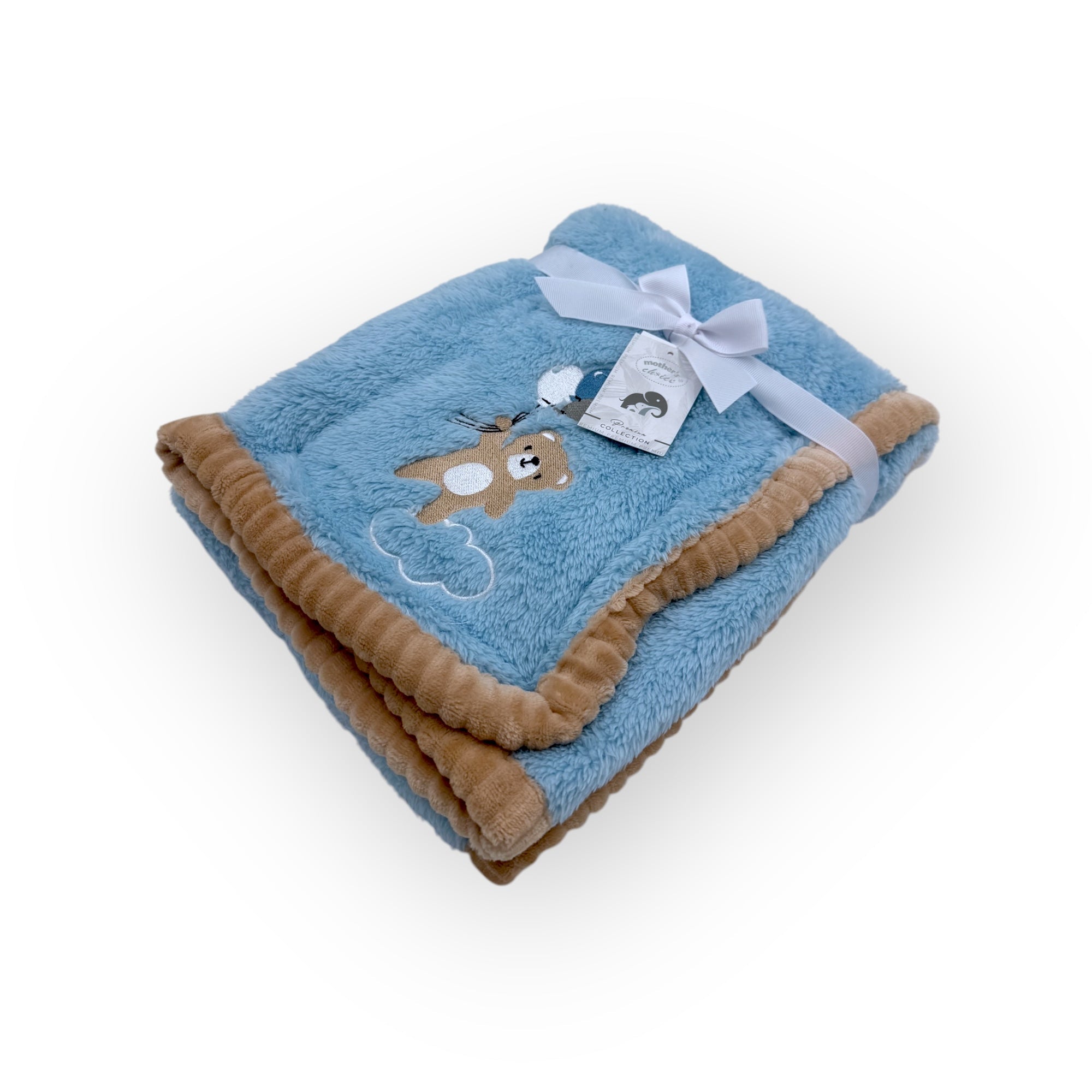 Blue baby blanket with brown trim and teddy bear design on a white background