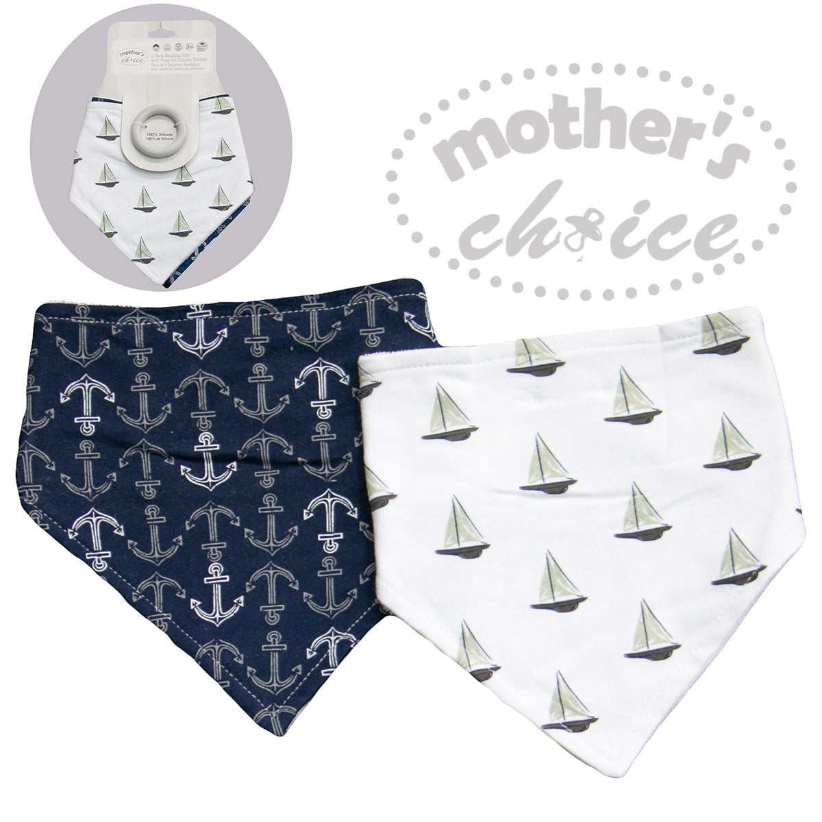 Two baby bibs with anchor and sailboat patterns, one in navy and white, the other in white and gray, with 'mother's choice' branding.