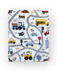 Flannel fabric with road and vehicle pattern on a white background
