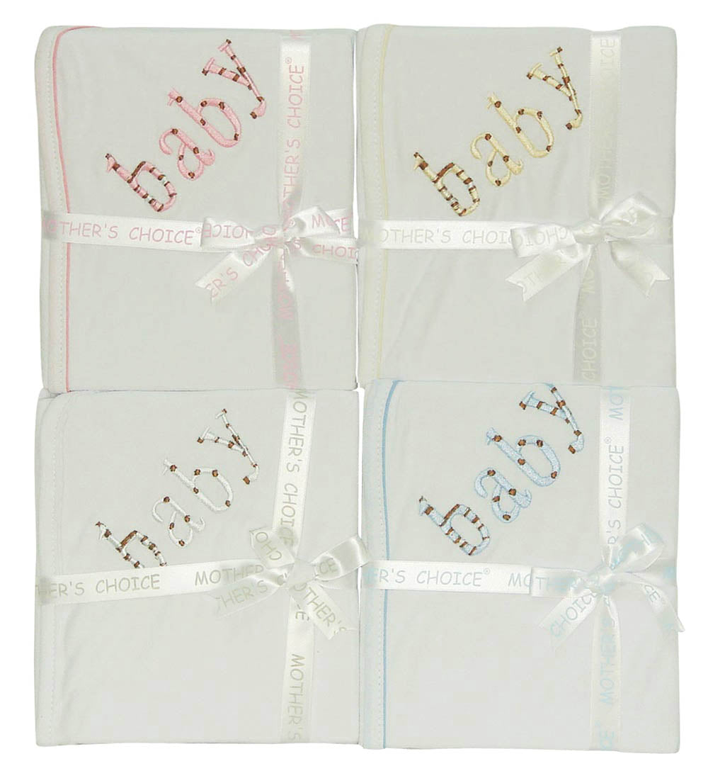 Four white baby blankets with embroidered text and ribbons on a white background