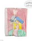 Pink baby blanket with colorful house design and 'Mother's Choice' tag on a white background