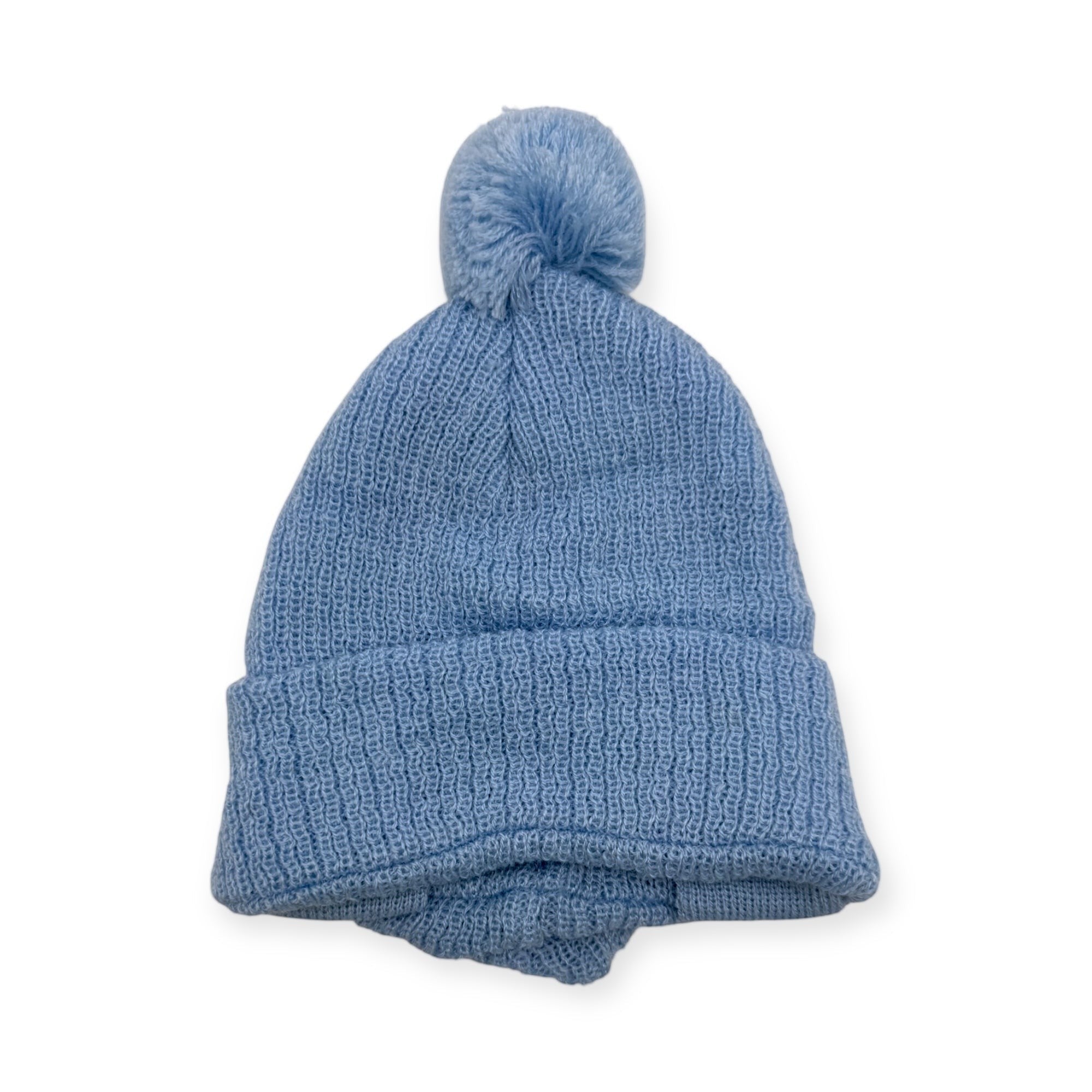 Blue knit beanie with a pom-pom on a white background