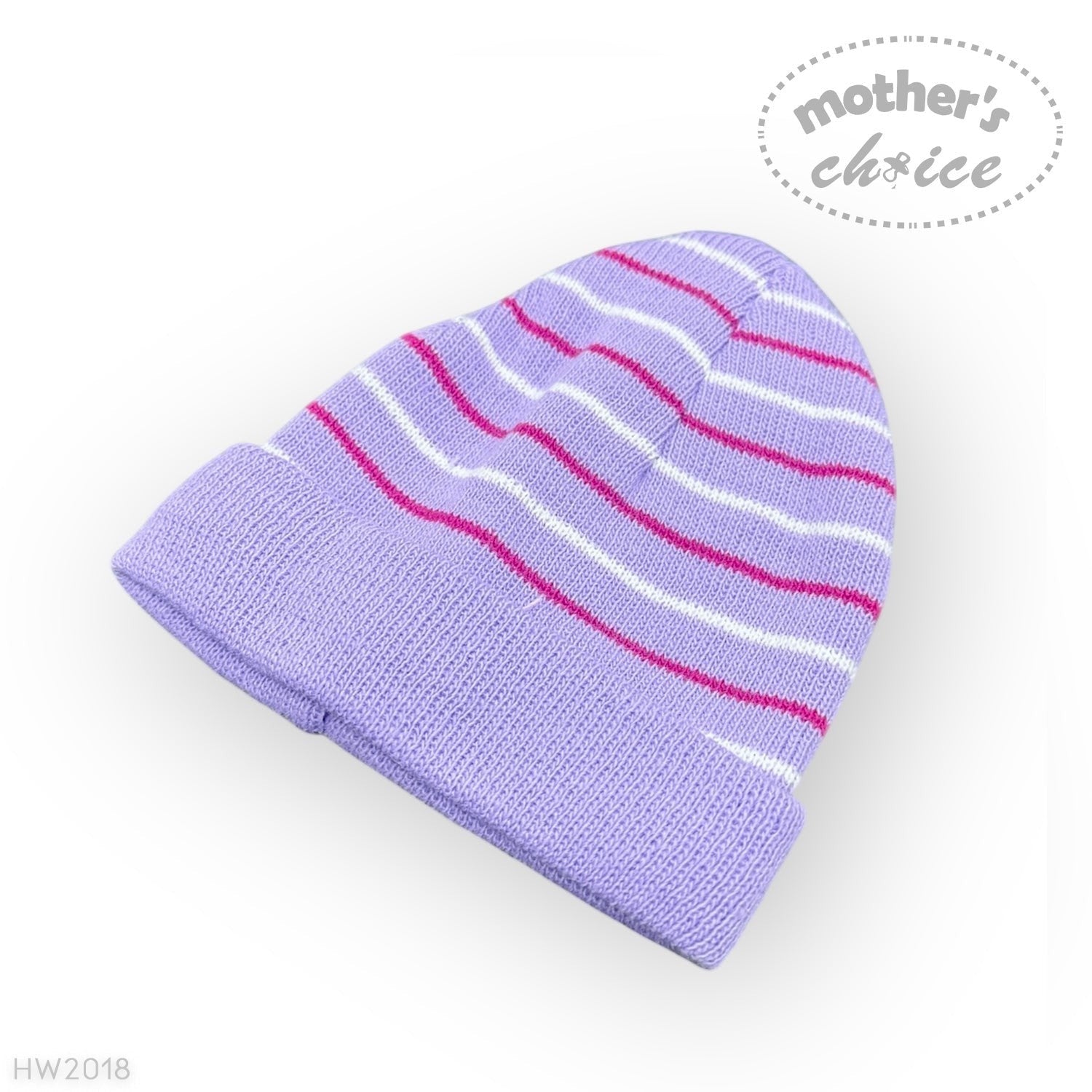 Purple baby hat with pink and white stripes on a white background, featuring 'mother's choice' branding.