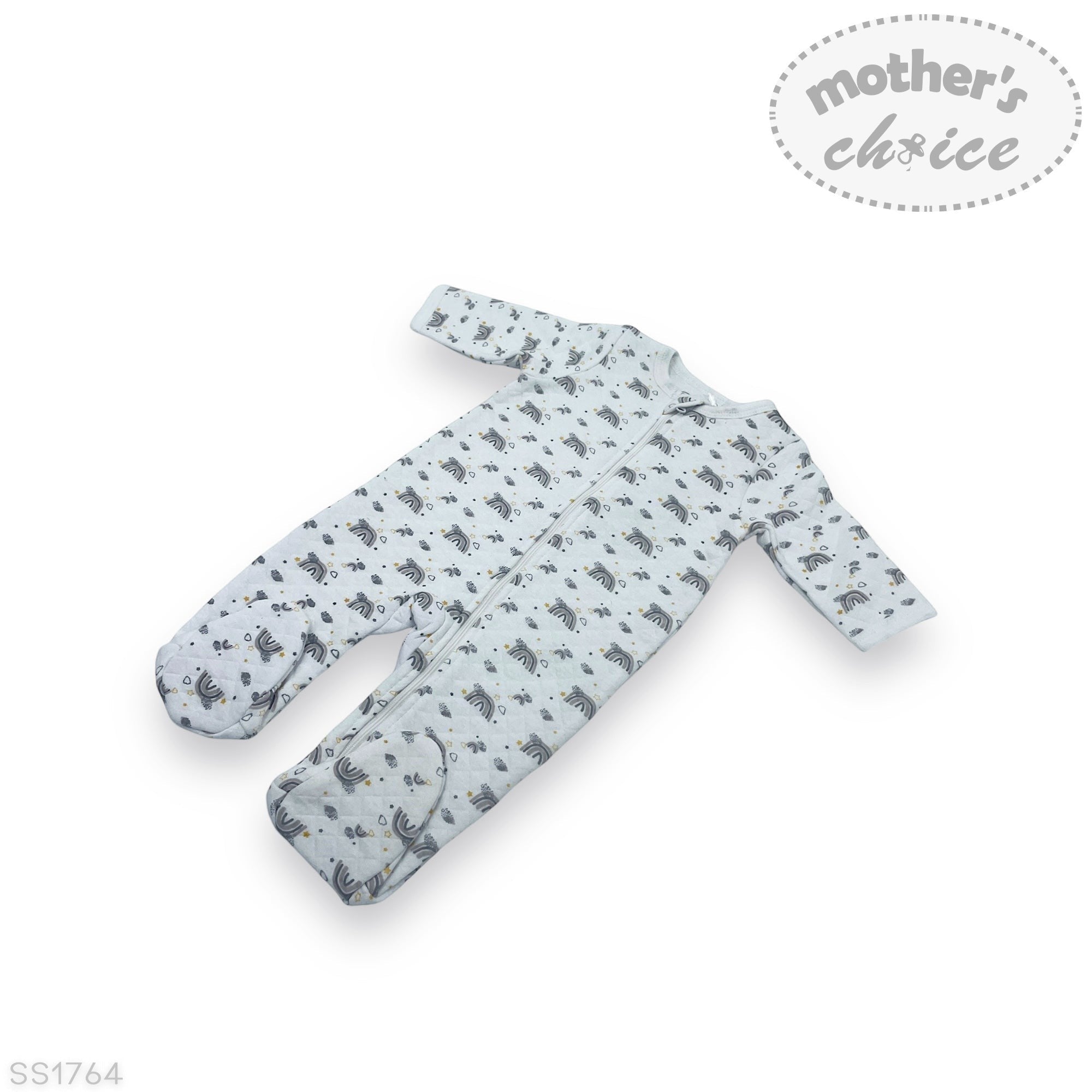 Baby onesie with deer pattern on a white background, featuring 'Mother's Choice' branding.