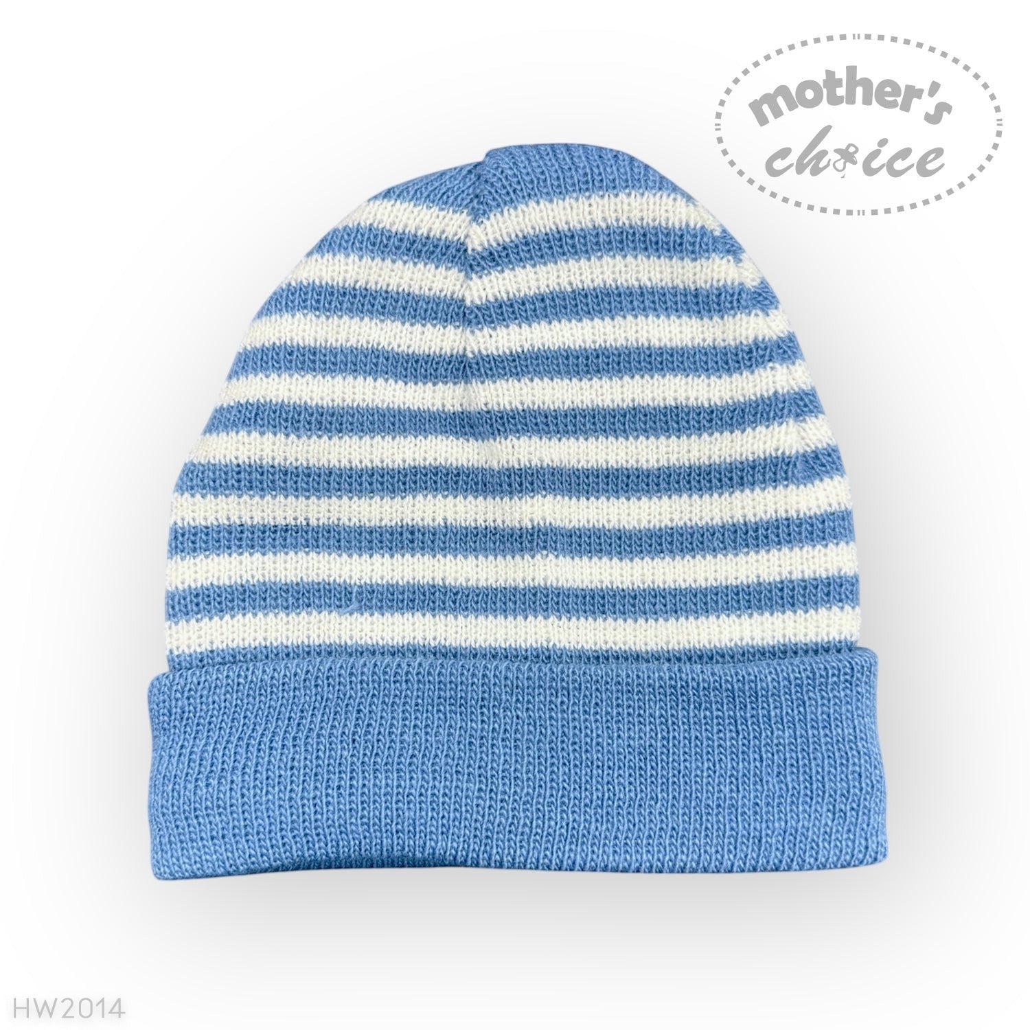 Blue and white striped knit baby hat on a white background with 'Mother's Choice' branding.
