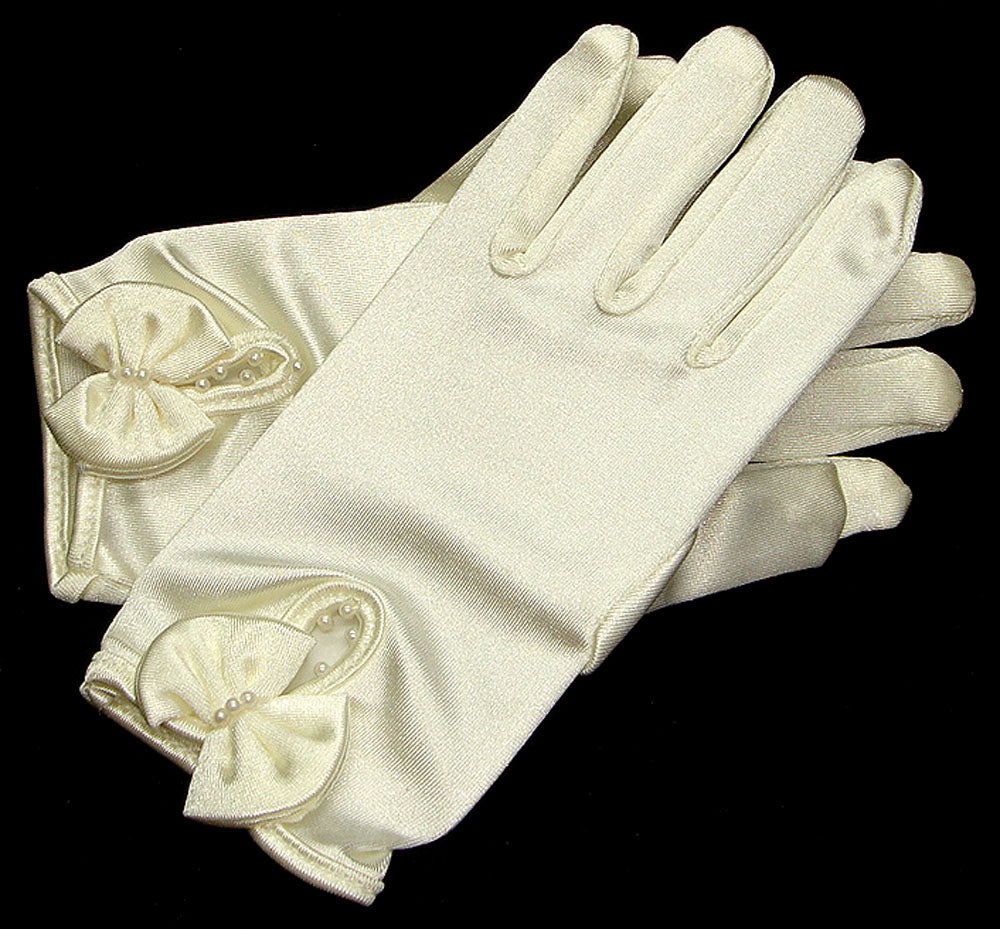 Mothers Choice Wedding Gloves Girls Short Cream Satin With Pearls/Bow