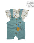 Children's outfit with teal overalls and polka dot shirt on a white background, featuring 'mother's choice' brand.