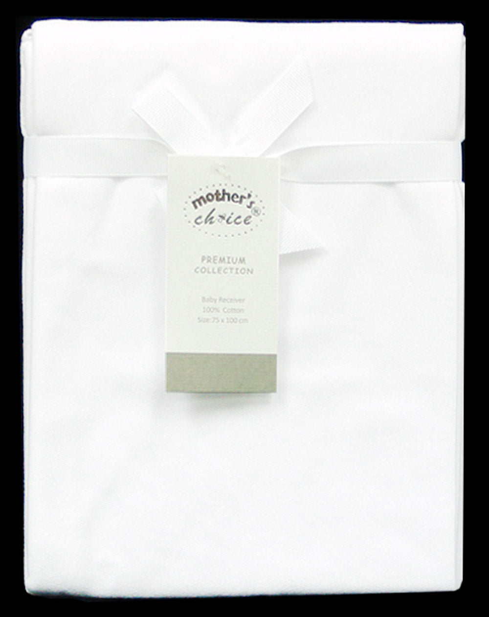 White baby blanket with 'Mother's Choice' label on a black background