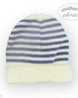 Striped knit baby hat with a white base on a light gray background, featuring 'mother's choice' branding.
