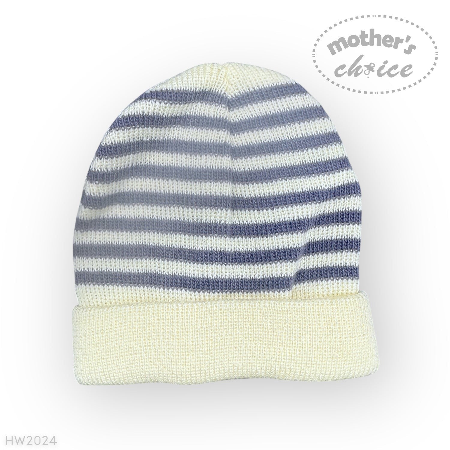 Striped knit baby hat with a white base on a light gray background, featuring 'mother's choice' branding.