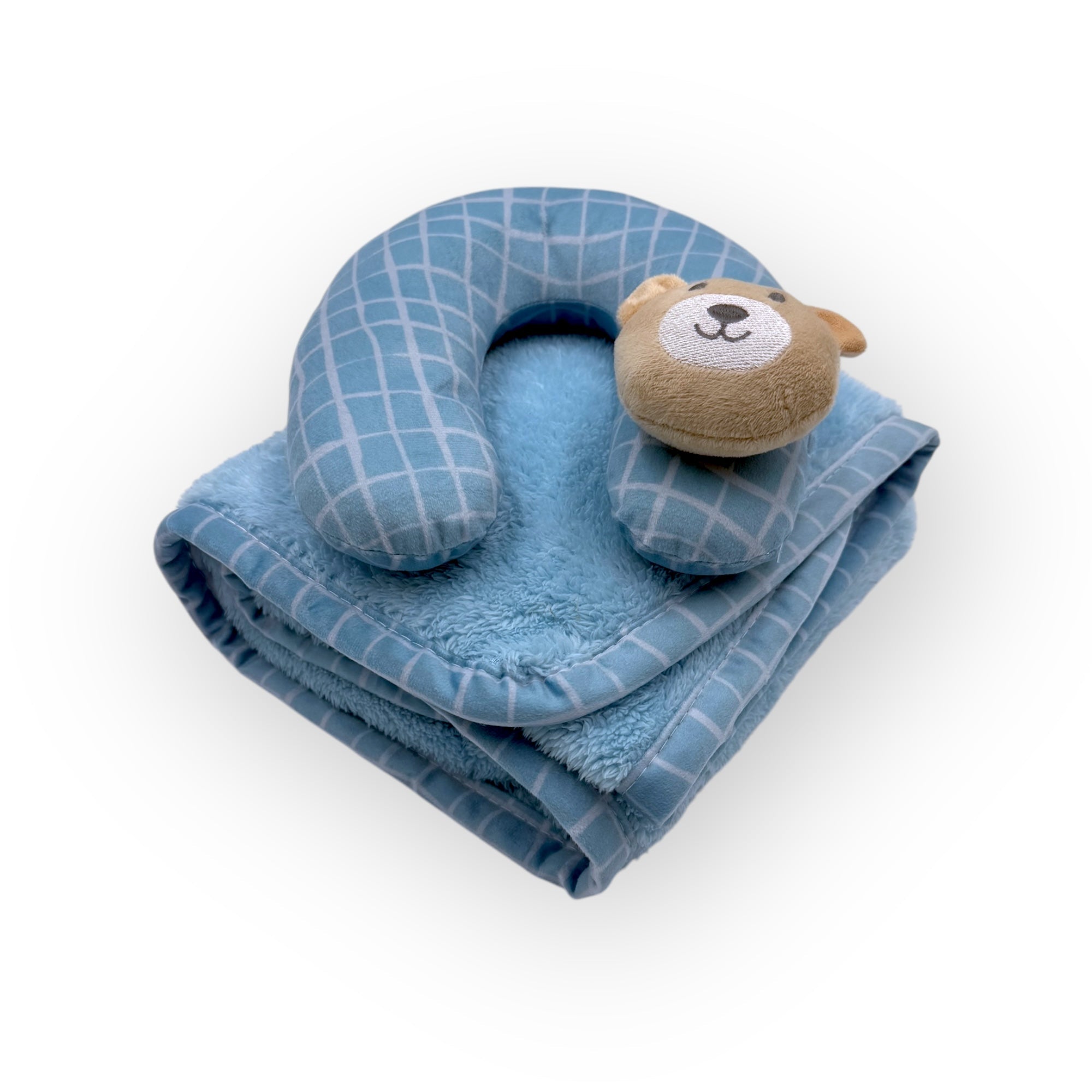 Blue neck pillow with bear design on a white background