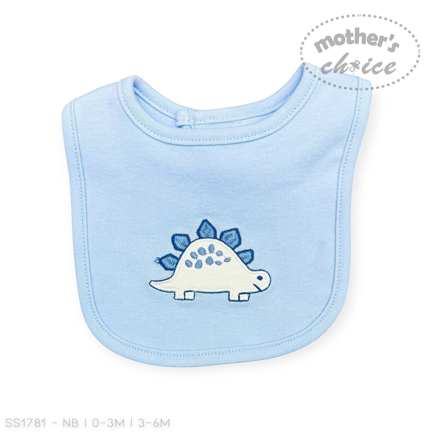 Blue baby bib with dinosaur design on a white background, branded 'Mother's Choice'.
