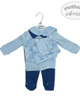 Baby clothing set with coat, hat, and pants on a hanger against a white background.