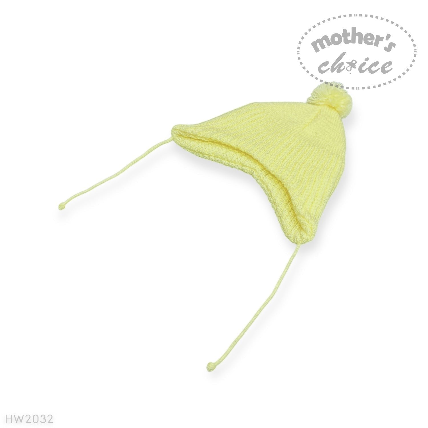 Yellow baby hat with a pom-pom on a white background, branded 'Mother's Choice'.