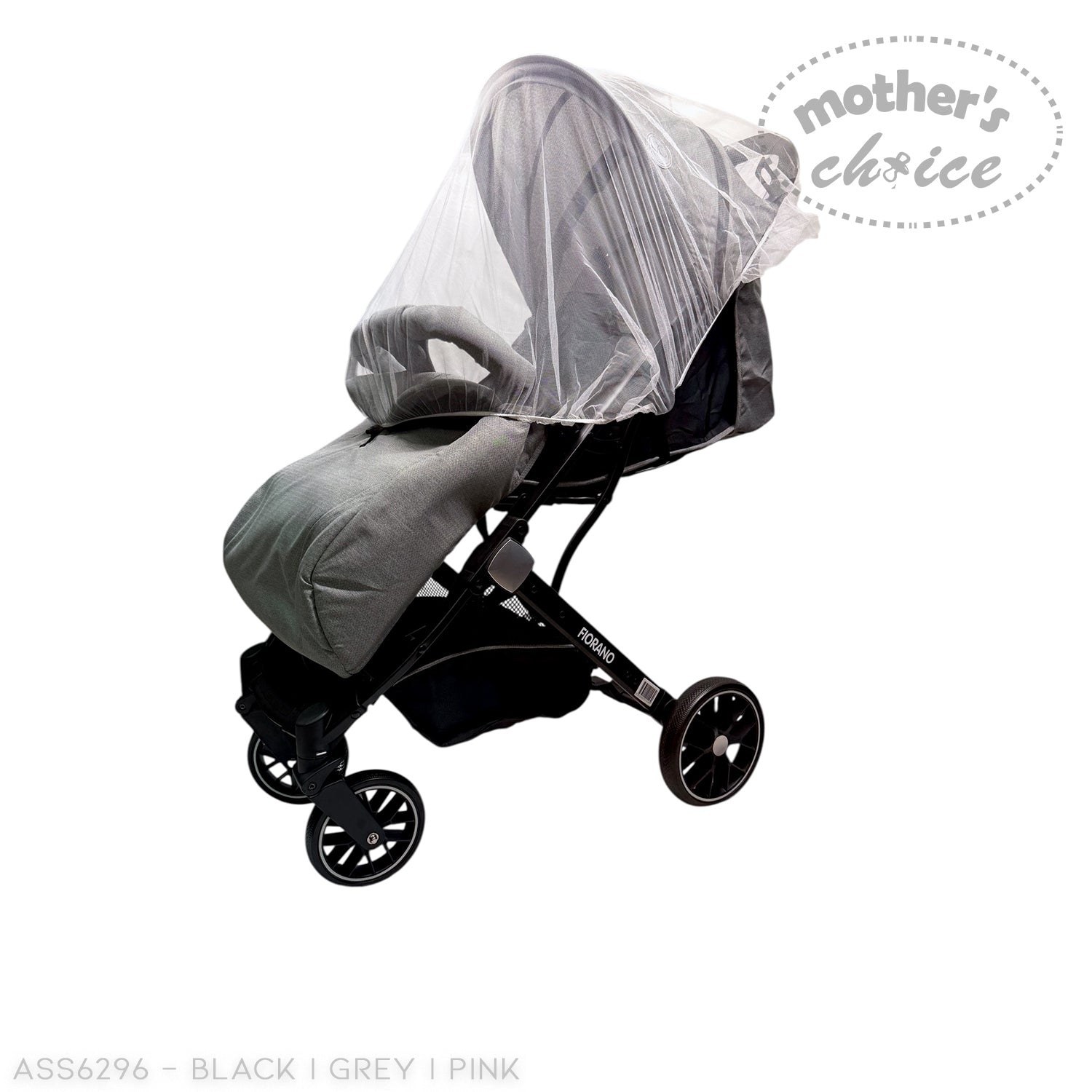 Black and grey stroller with a white canopy on a white background, featuring 'Mother's Choice' branding.