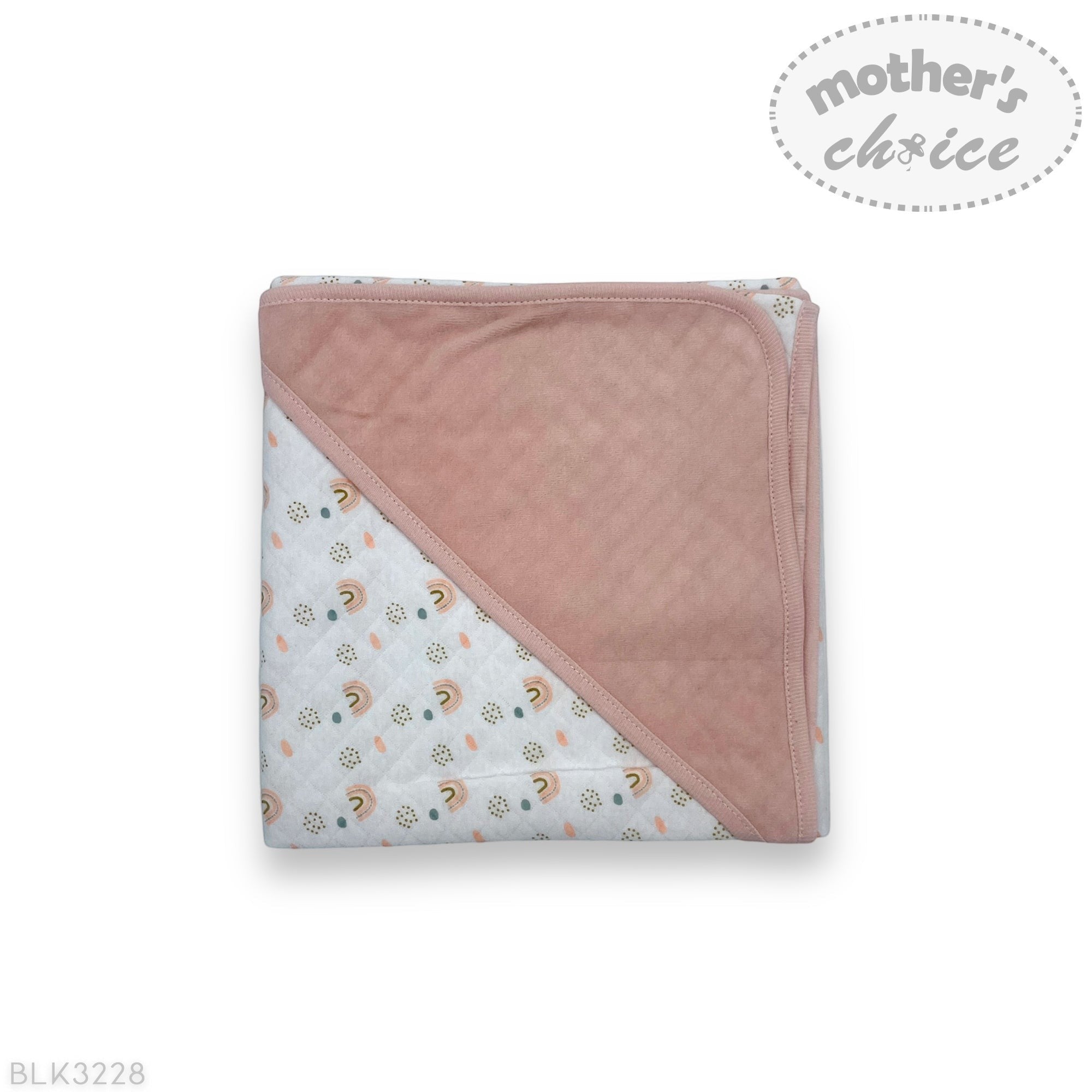 Folded baby blanket with pink and white design on a white background, featuring 'Mother's Choice' branding.