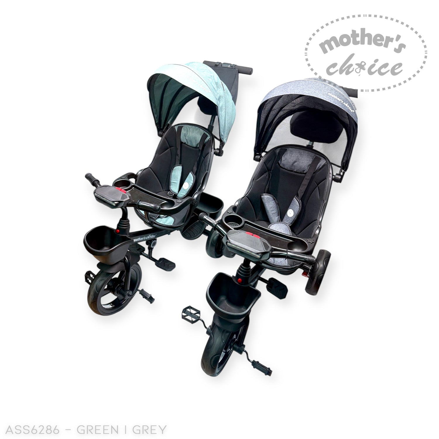 Two baby strollers, one green and one gray, on a white background with 'Mother's Choice' branding.