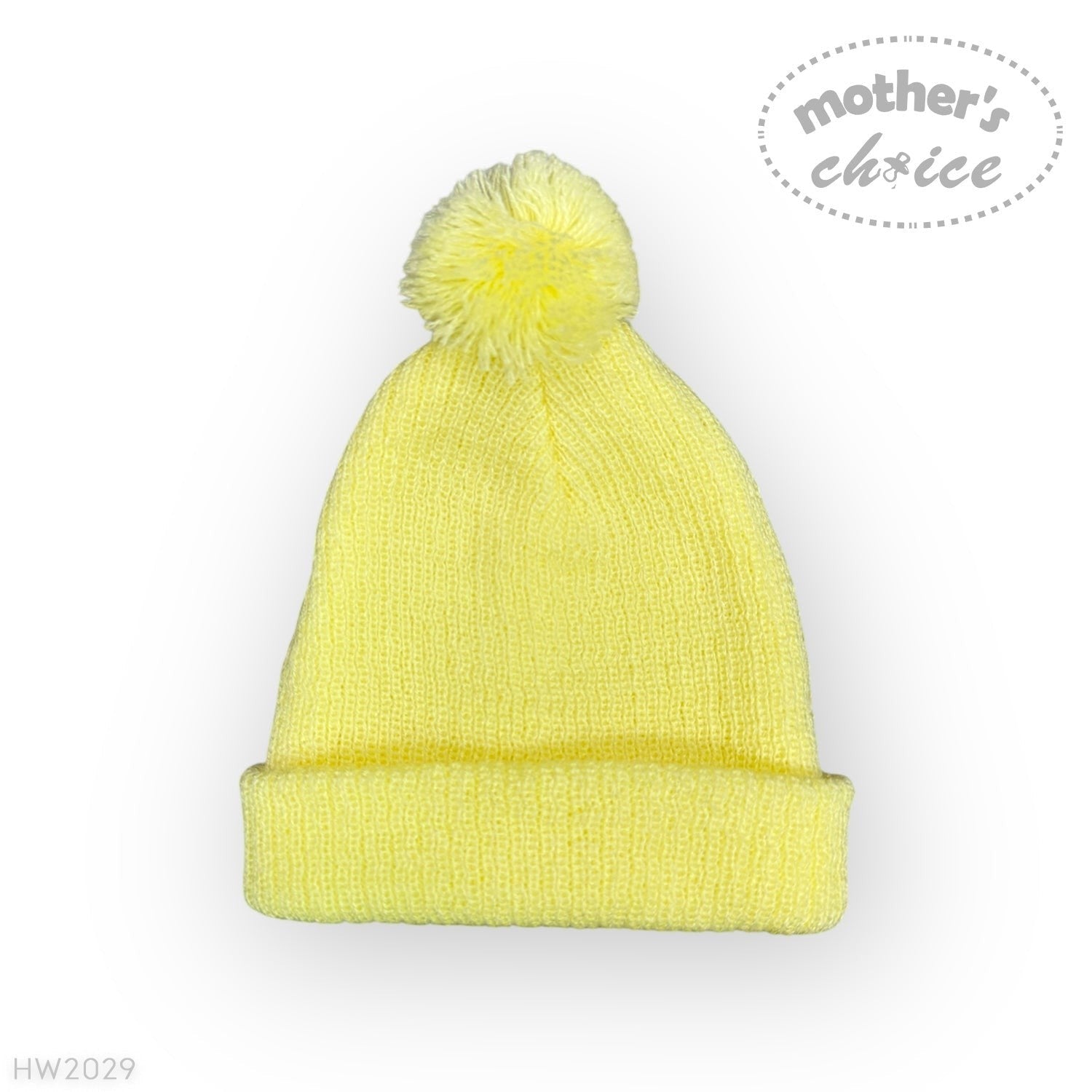 Yellow beanie with pom-pom on a white background, branded 'Mother's Choice'.
