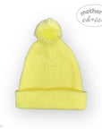 Yellow beanie with pom-pom on a white background, branded 'Mother's Choice'.