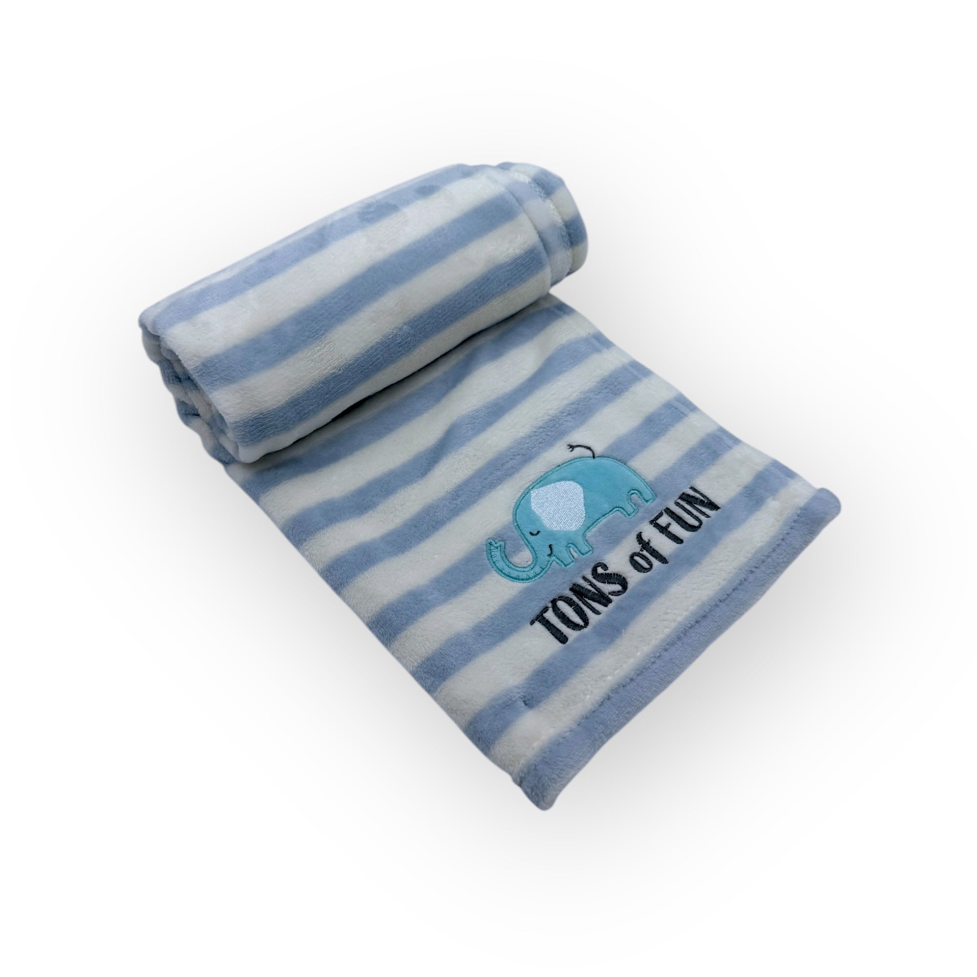 Folded blue and white striped blanket with an elephant design and 'TONS OF FUN' text on a white background
