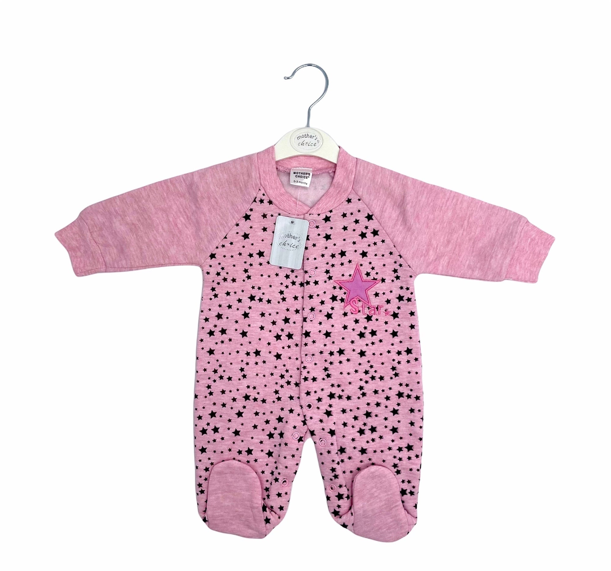Pink baby onesie with star pattern on a white background