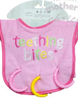 Pink baby bib with 'teething bites' text and yellow teether on a white background