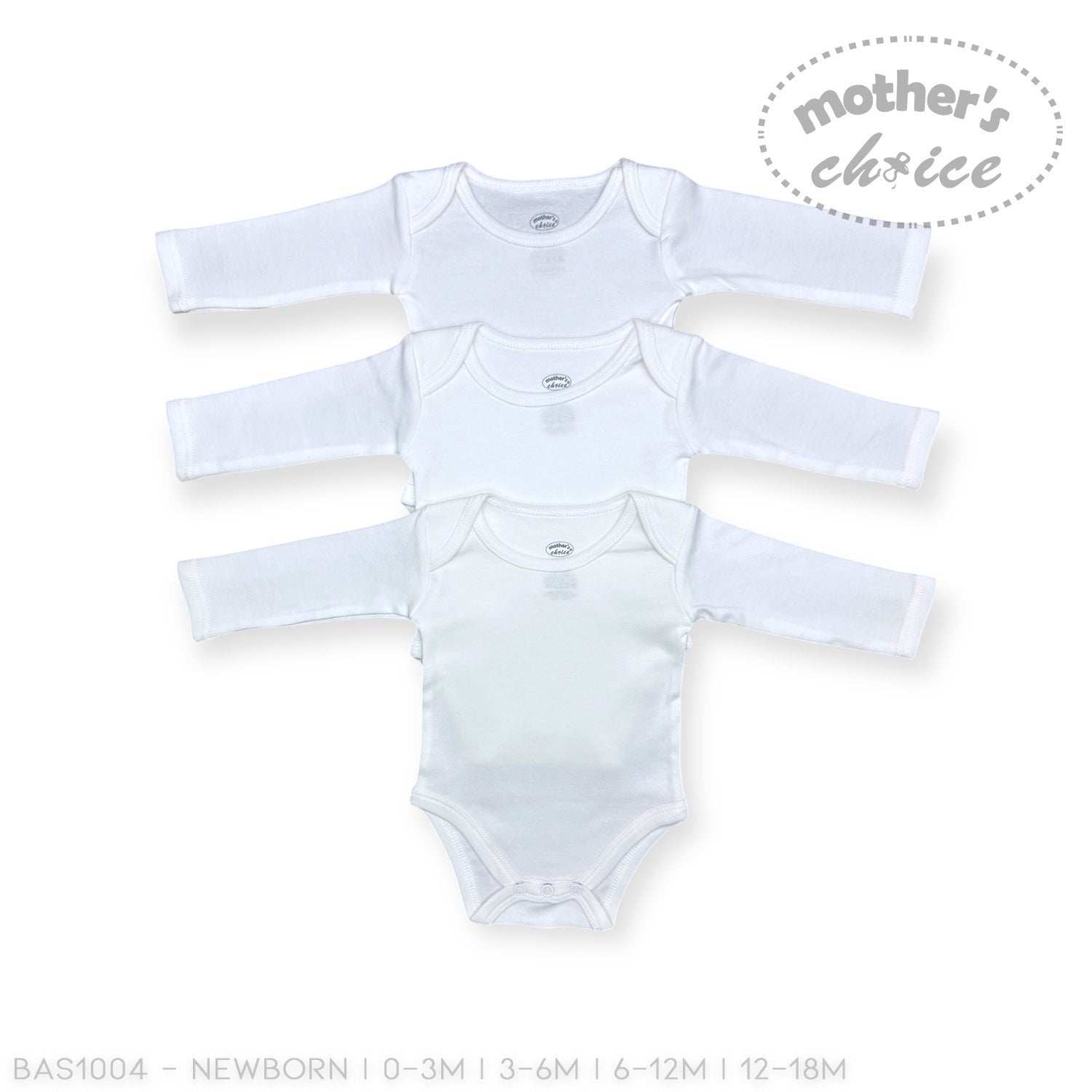 Three white baby bodysuits with long sleeves on a white background, branded 'Mother's Choice'.
