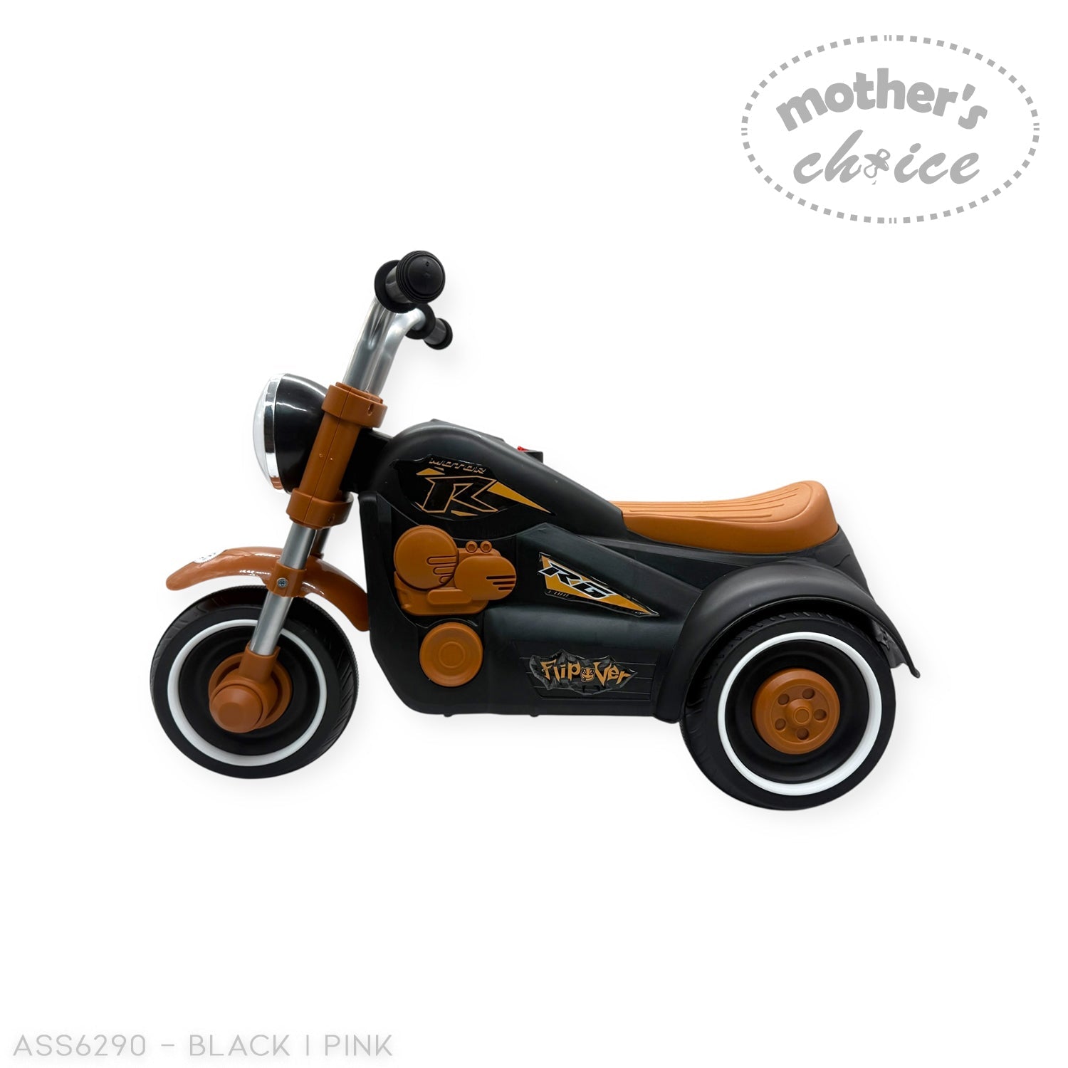 Black and pink toy tricycles with 'Mother's Choice' label on a white background