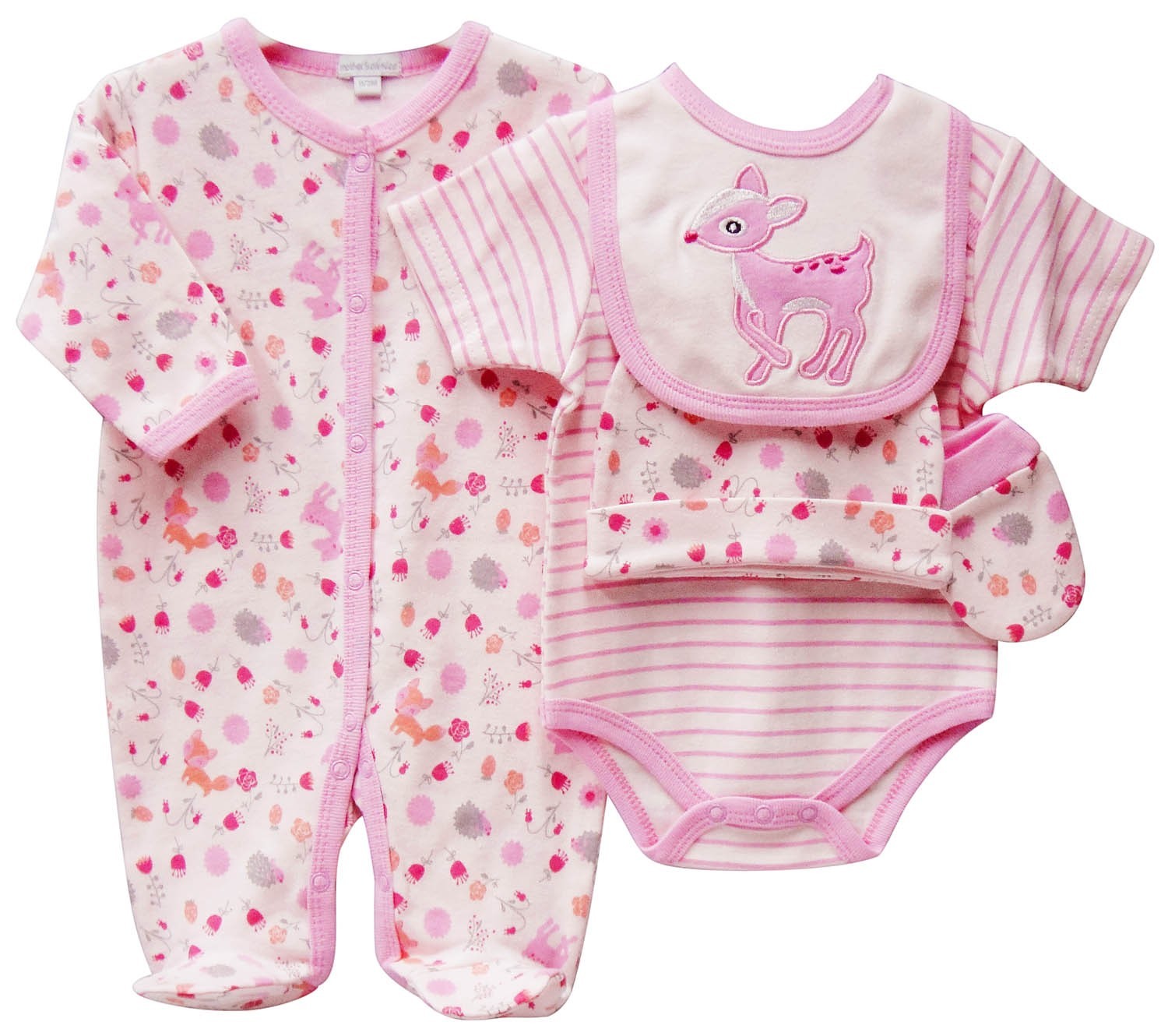 Baby clothing set with onesie, bib, and booties on a white background