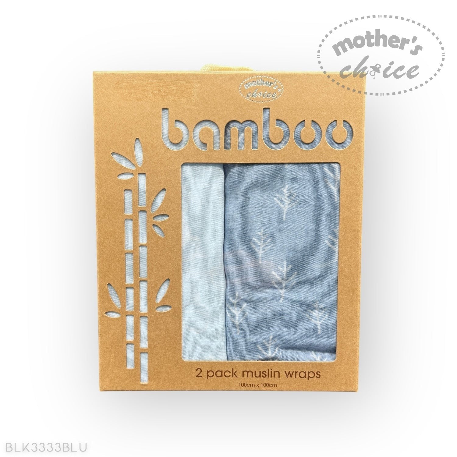 Pack of 2 bamboo muslin wraps in a cardboard box with 'Mother's Choice' branding.