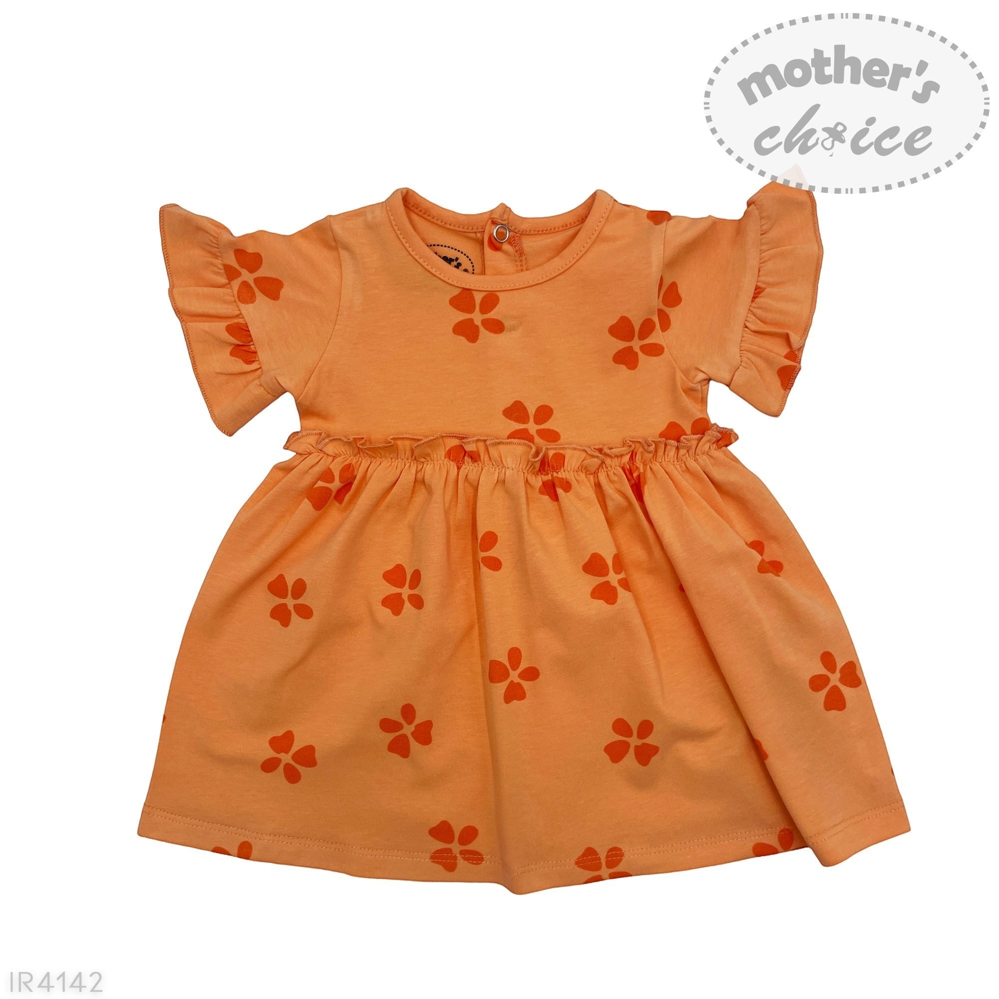 Orange dress with floral patterns on a white background, featuring 'mother's choice' branding.