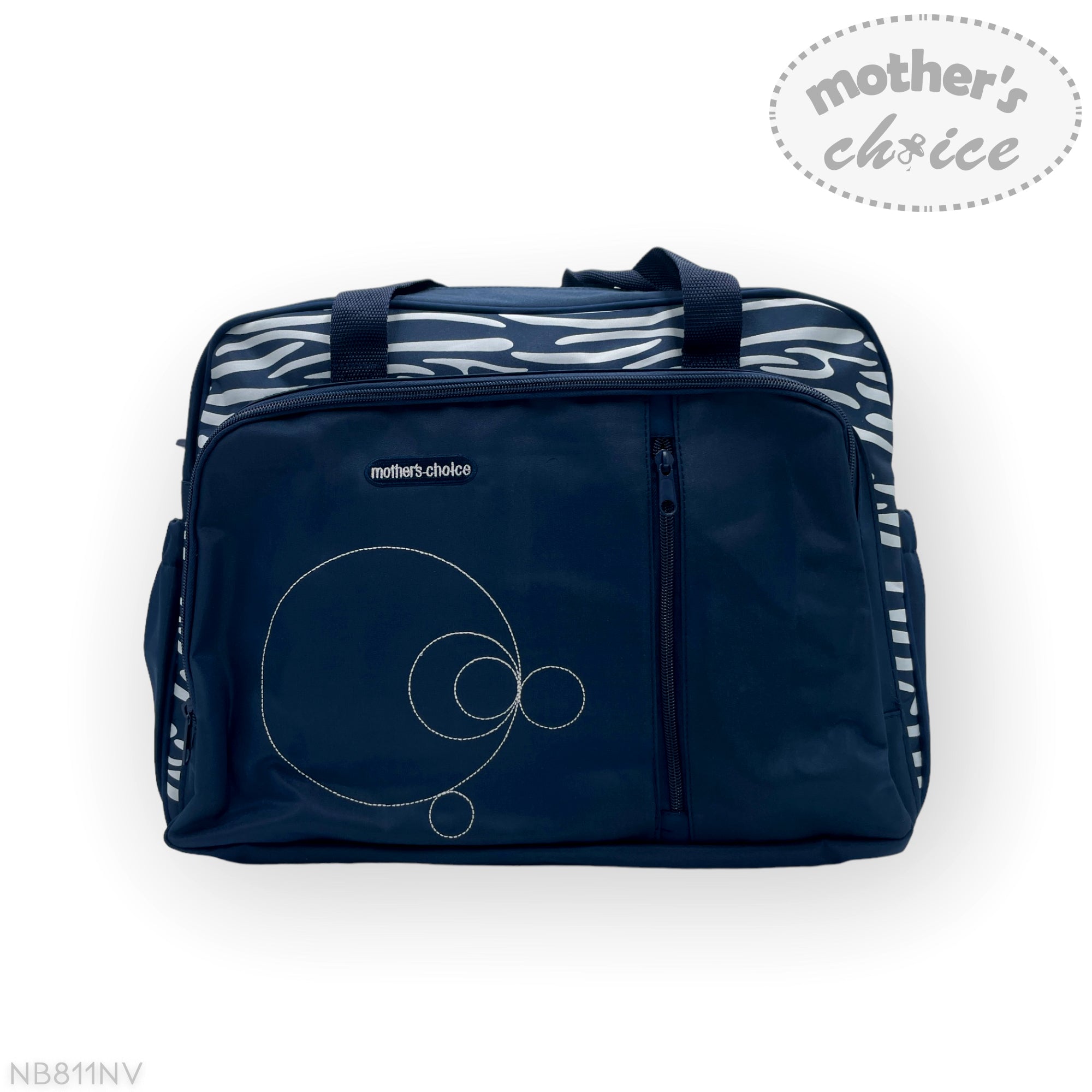 Navy blue bag with zebra pattern accents and 'mother's choice' branding on a white background.
