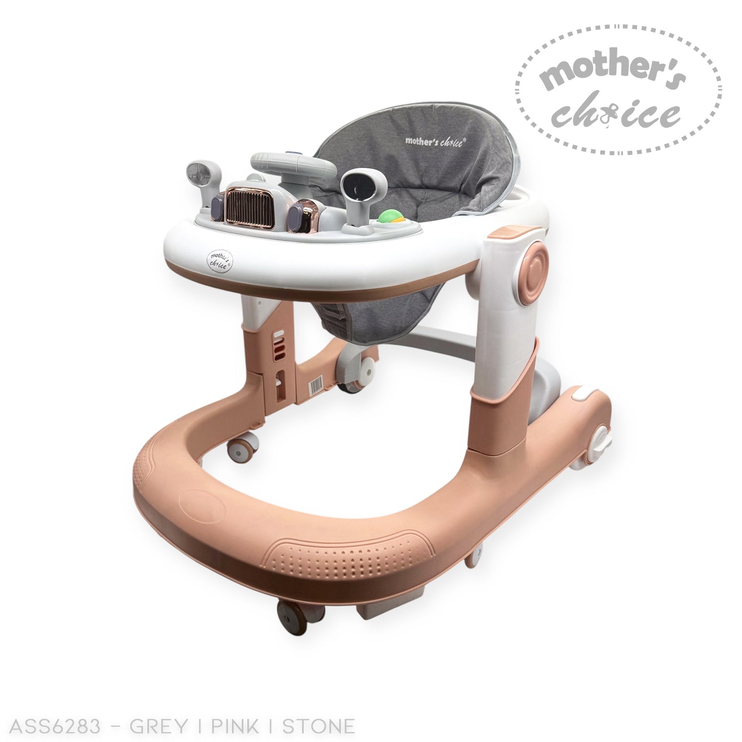 Baby walker with pink and stone design on a white background, featuring 'Mother's Choice' branding.