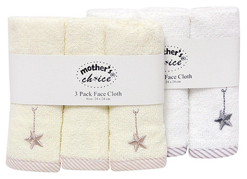 Mothers Choice 3 Pack Embroidered Facecloth Set 3 Star Range