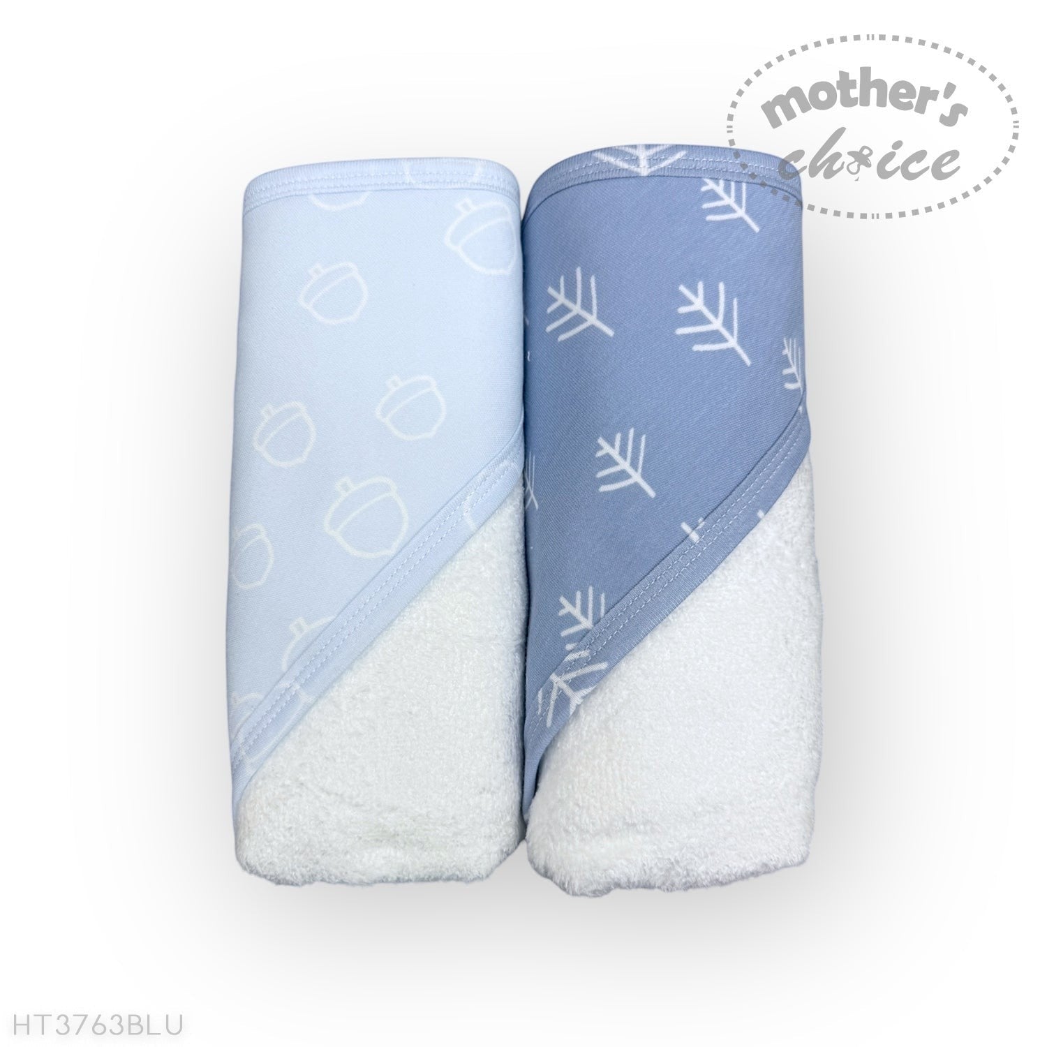Two baby blankets with blue and white patterns on a white background, branded 'Mother's Choice'.