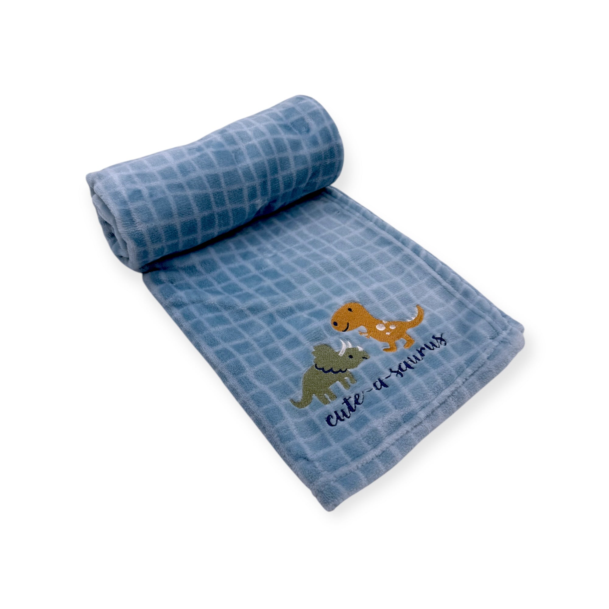 Rolled-up blue towel with dinosaur design and text on a white background