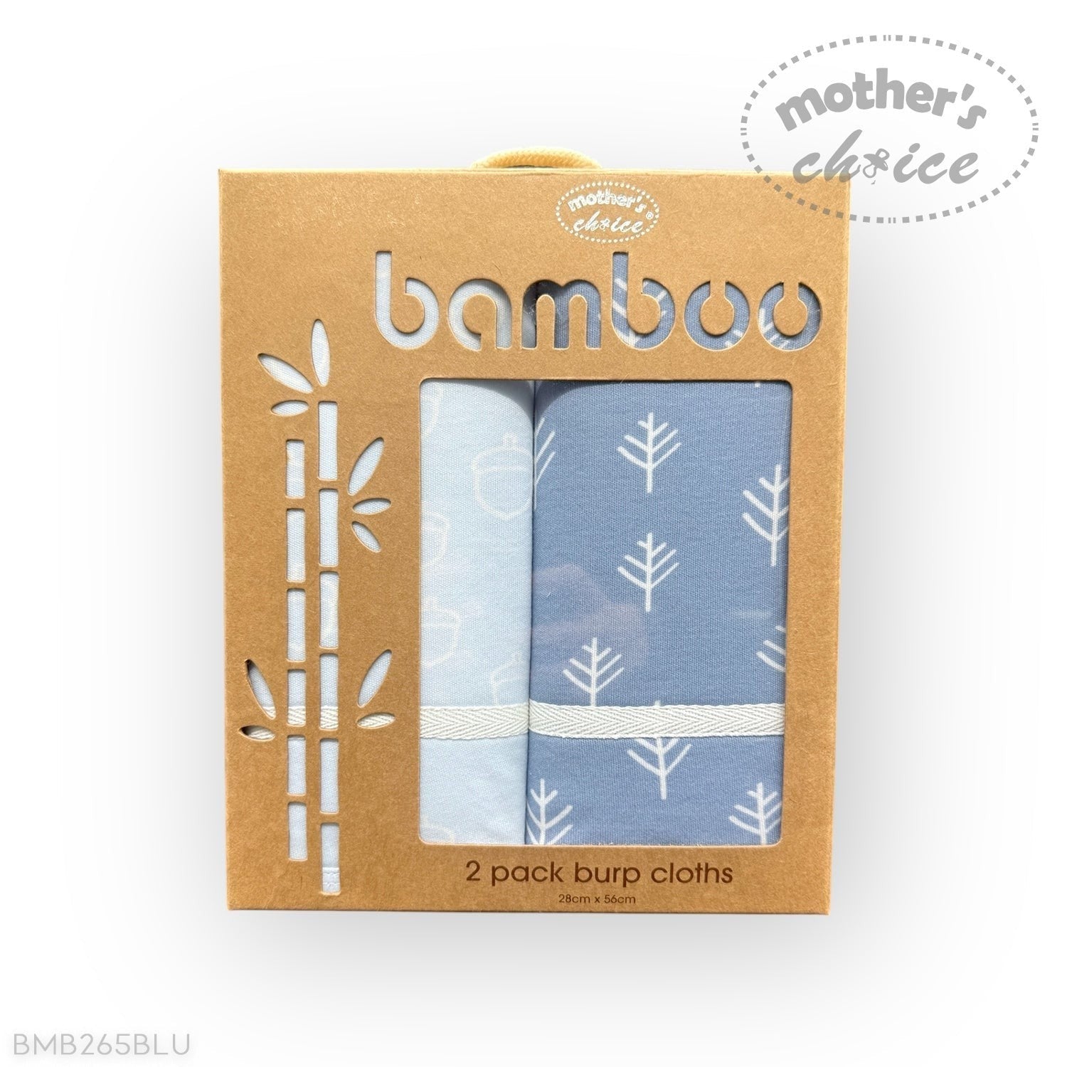 Pack of two bamboo burp cloths in a cardboard box with 'Mother's Choice' branding.