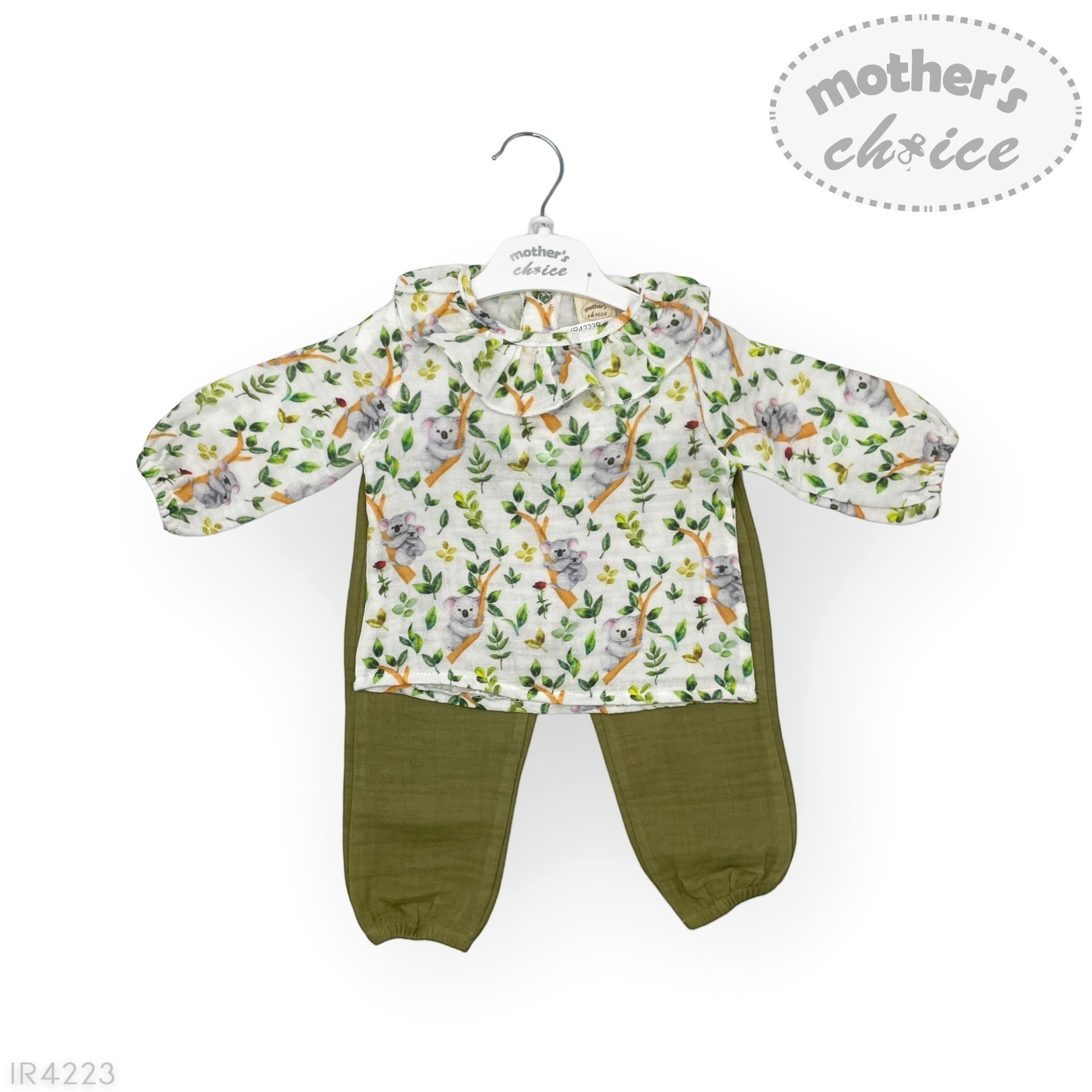 Baby outfit with floral patterned top and green pants on a white background, branded 'Mother's Choice'.