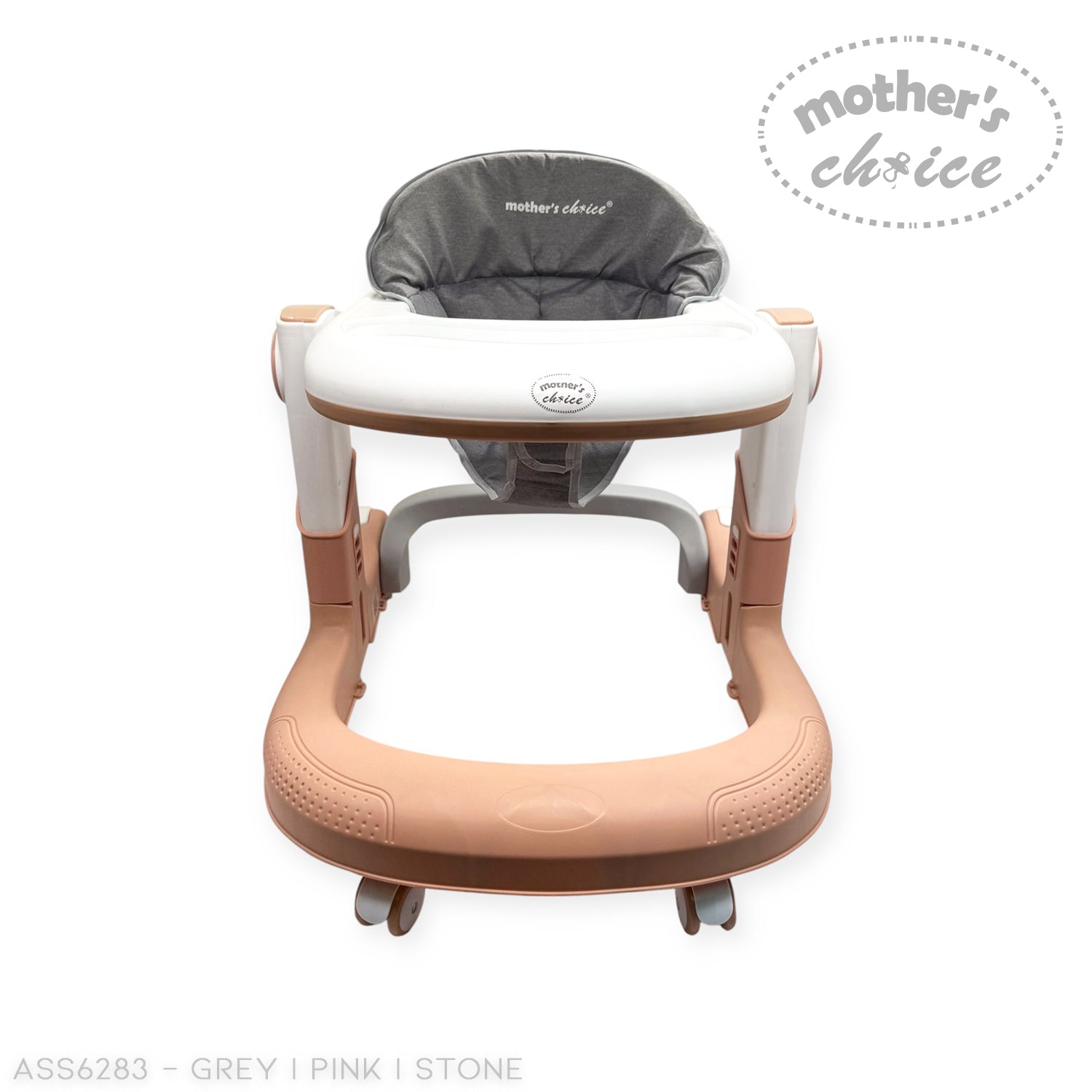Baby high chair with pink base and gray cushion on a white background, featuring 'mother's choice' branding.