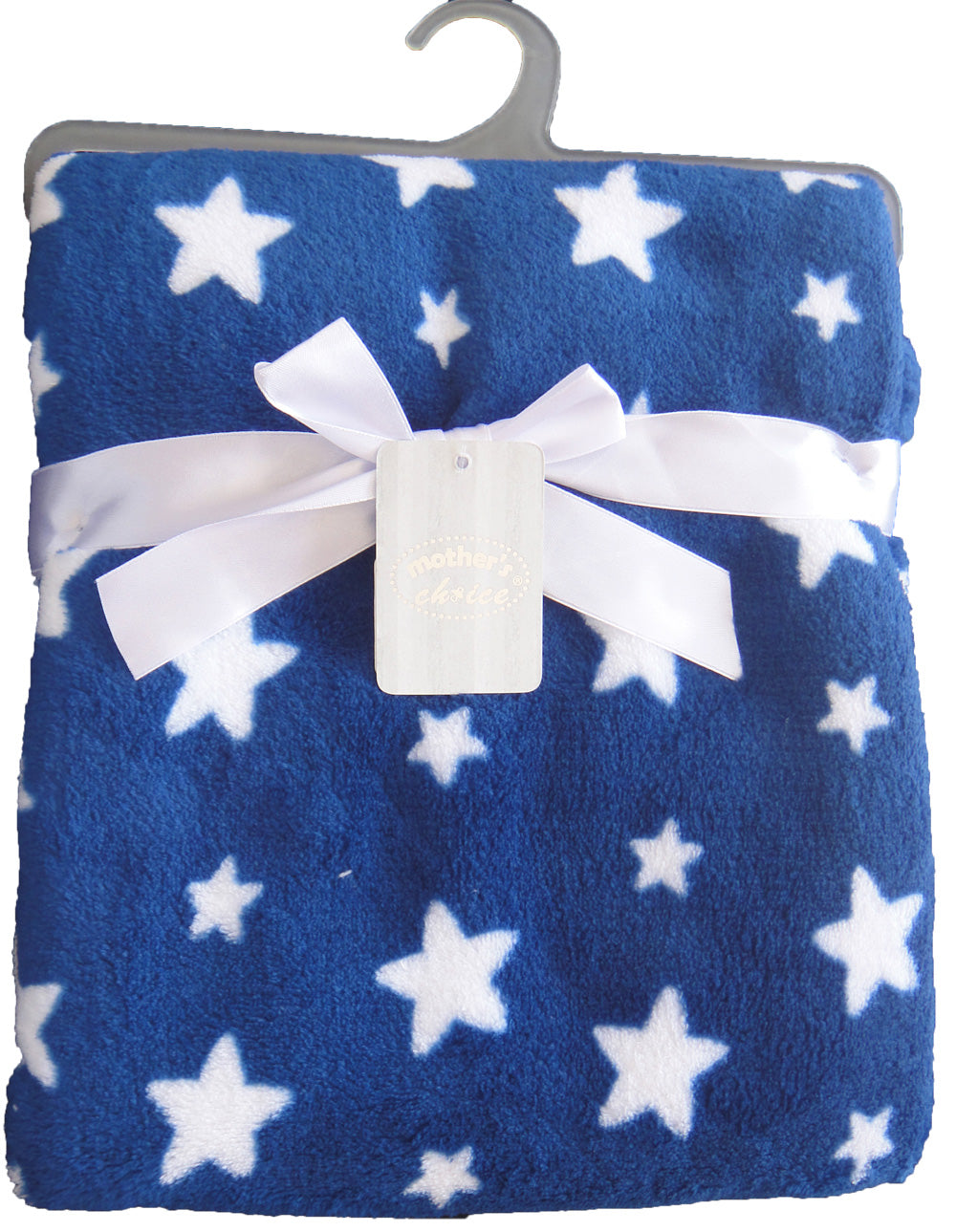 Blue blanket with white stars and a white bow on a hanger
